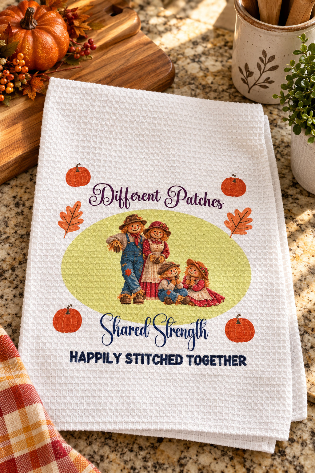 Scarecrow Family Imperfectly Patched Waffle Weave Dishtowel